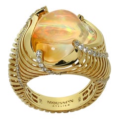 Mexican Fire Opal Diamonds White 18 Karat Yellow Gold Ring