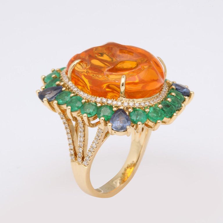 Mexican Fire Opal Emerald Sapphire Diamond Gold Ring In New Condition For Sale In Bal Harbour, FL