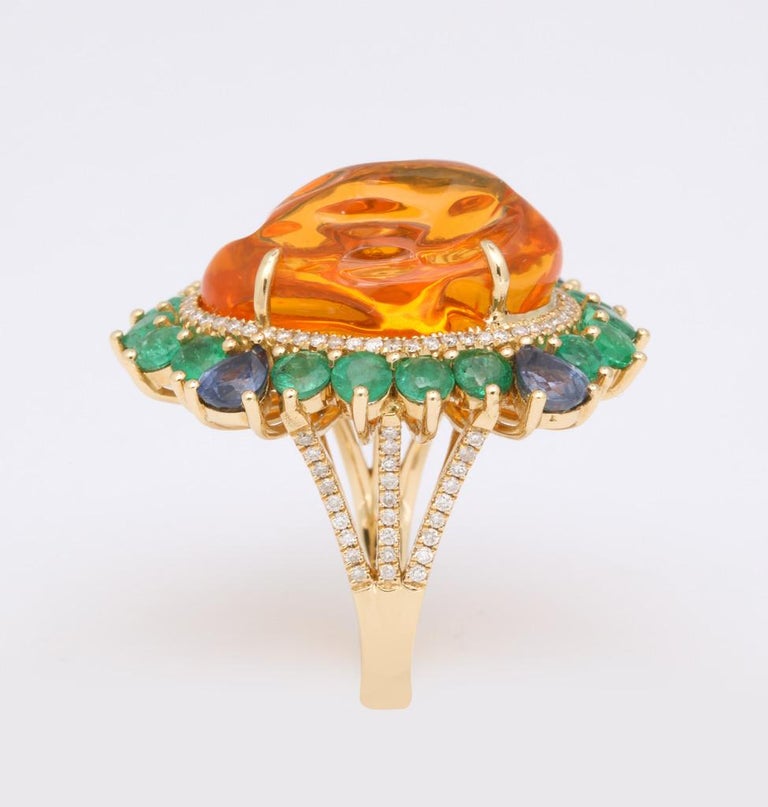 Women's Mexican Fire Opal Emerald Sapphire Diamond Gold Ring For Sale