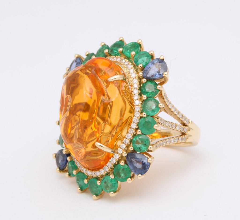 Mexican Fire Opal Emerald Sapphire Diamond Gold Ring In New Condition In Bal Harbour, FL