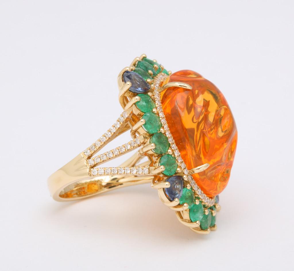 Women's Mexican Fire Opal Emerald Sapphire Diamond Gold Ring