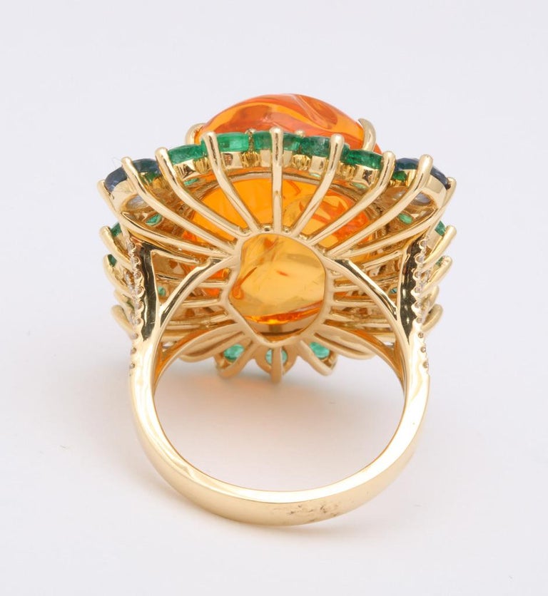 Mexican Fire Opal Emerald Sapphire Diamond Gold Ring For Sale 4