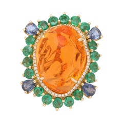 Mexican Fire Opal Emerald Sapphire Diamond Gold Ring