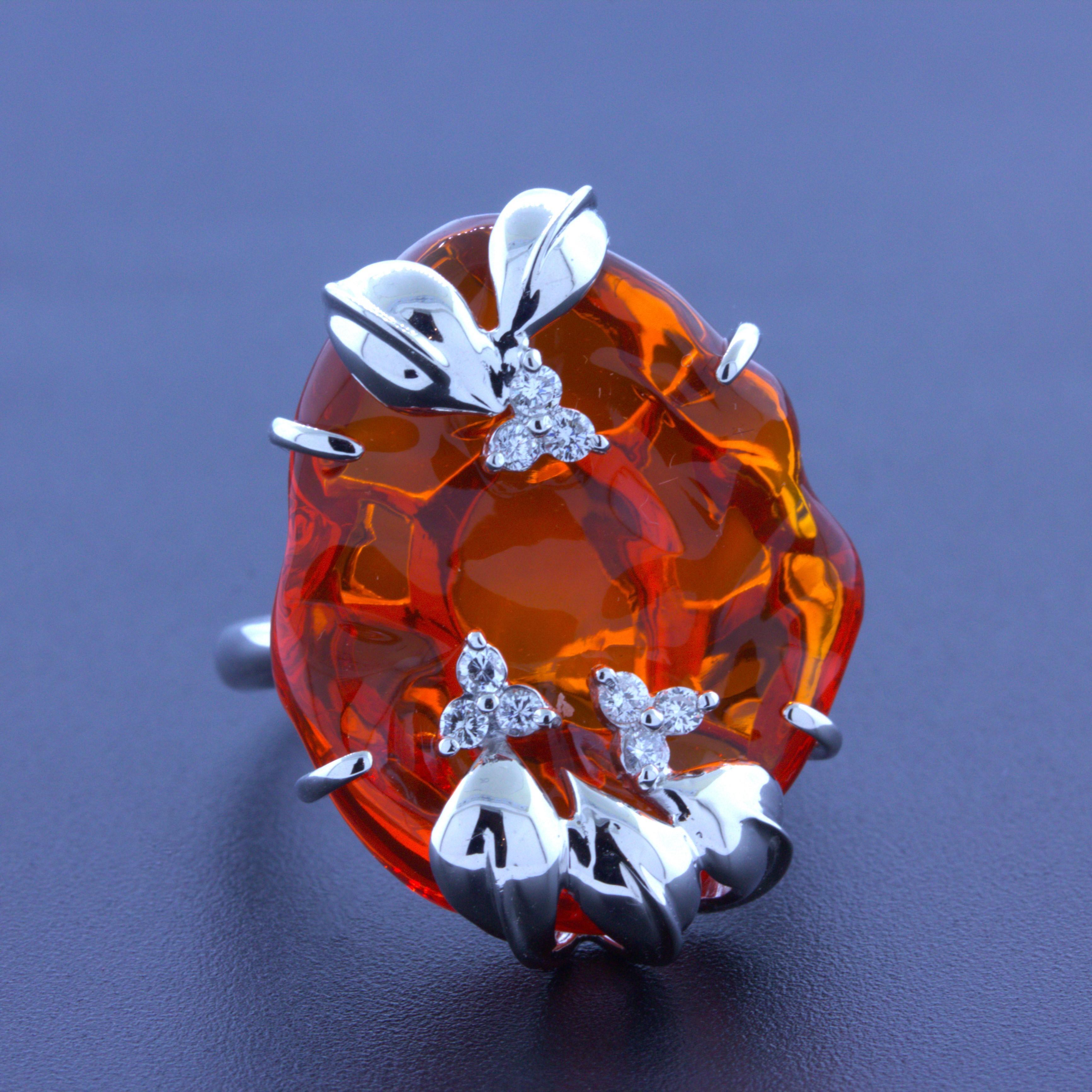 Cabochon Mexican Fire Opal Free-Form Diamond 18k White Gold Ring For Sale