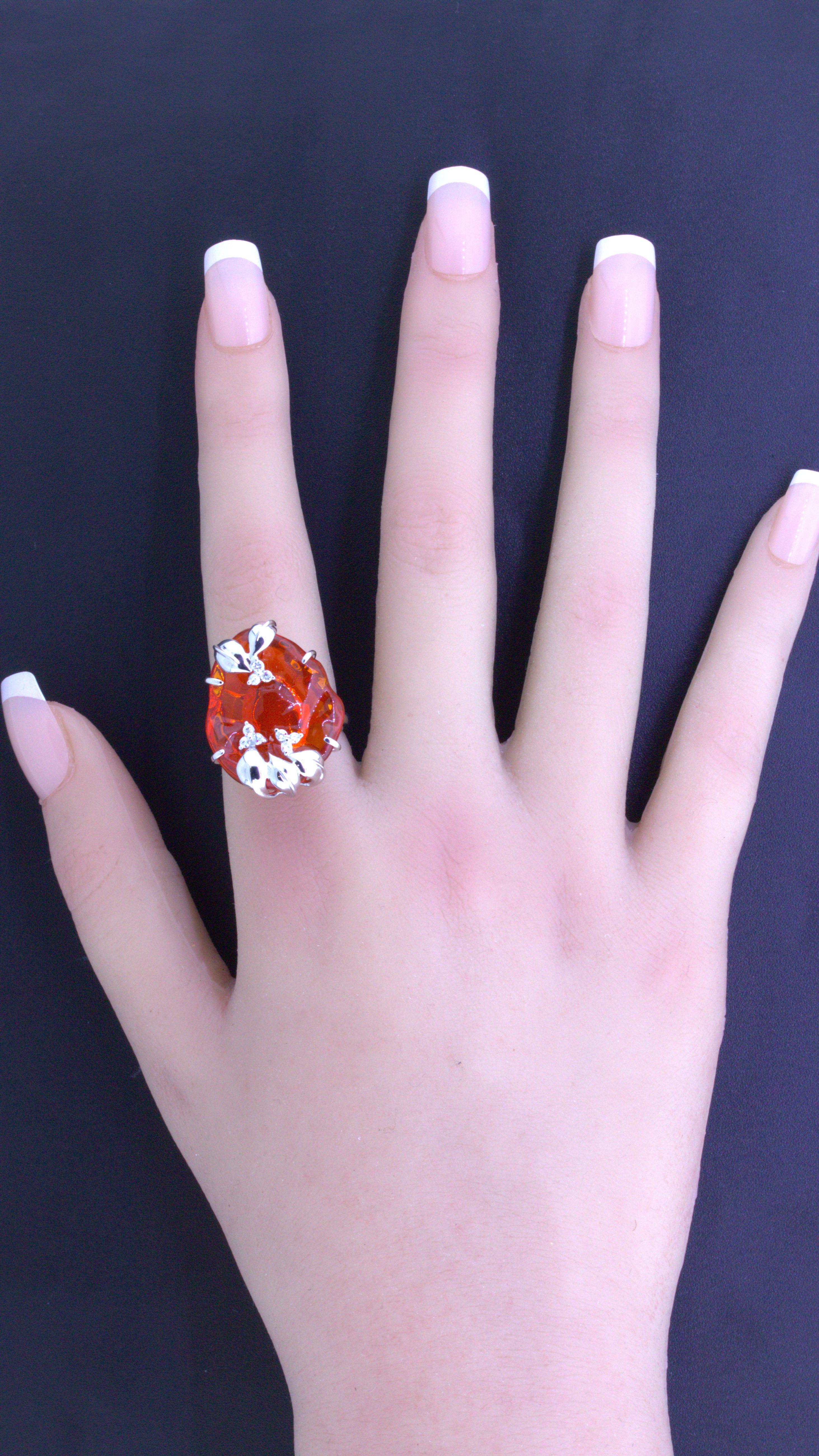 Mexican Fire Opal Free-Form Diamond 18k White Gold Ring In New Condition For Sale In Beverly Hills, CA