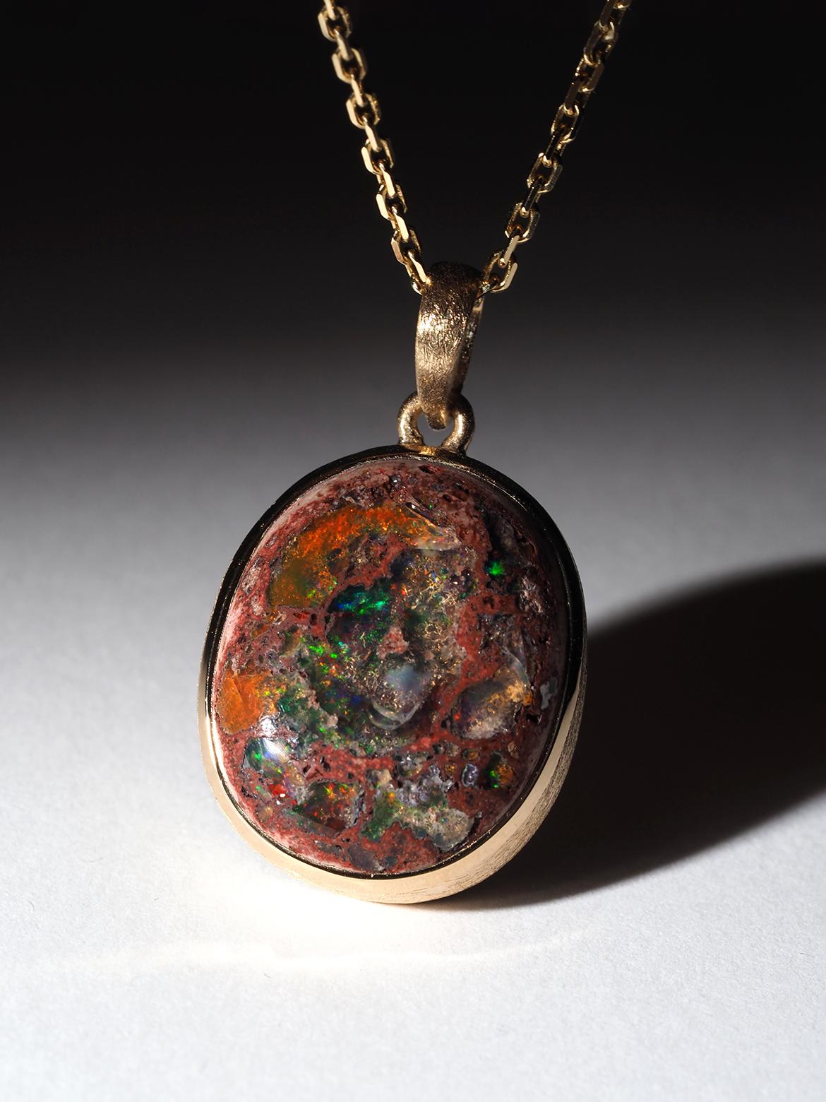 Women's or Men's Mexican Fire Opal Gold Silver necklace 19 ct wife gift birthday special person For Sale