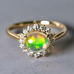 Mexican Fire Opal Halo Diamond Engagement Ring 18K Yellow Gold