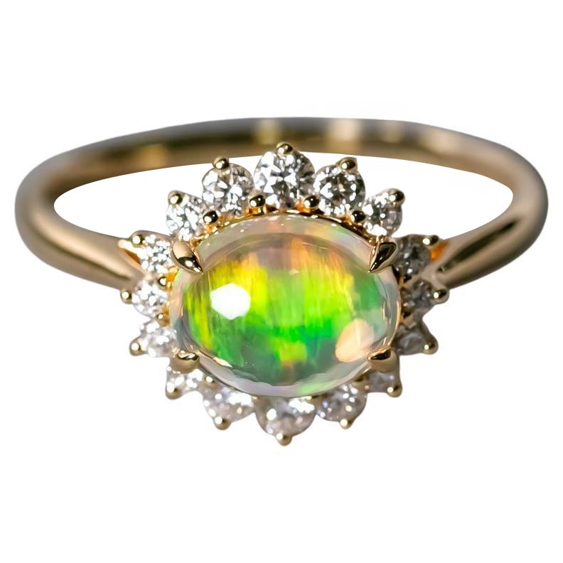 Anello di fidanzamento messicano con opale di fuoco e diamanti a raggiera in oro giallo 18 carati