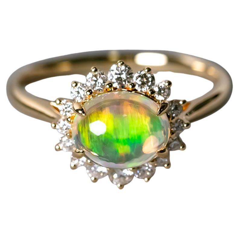 Mexican Fire Opal Halo Diamond Engagement Ring 18K Yellow Gold