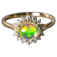 Mexican Fire Opal Halo Diamond Engagement Ring 18K Yellow Gold