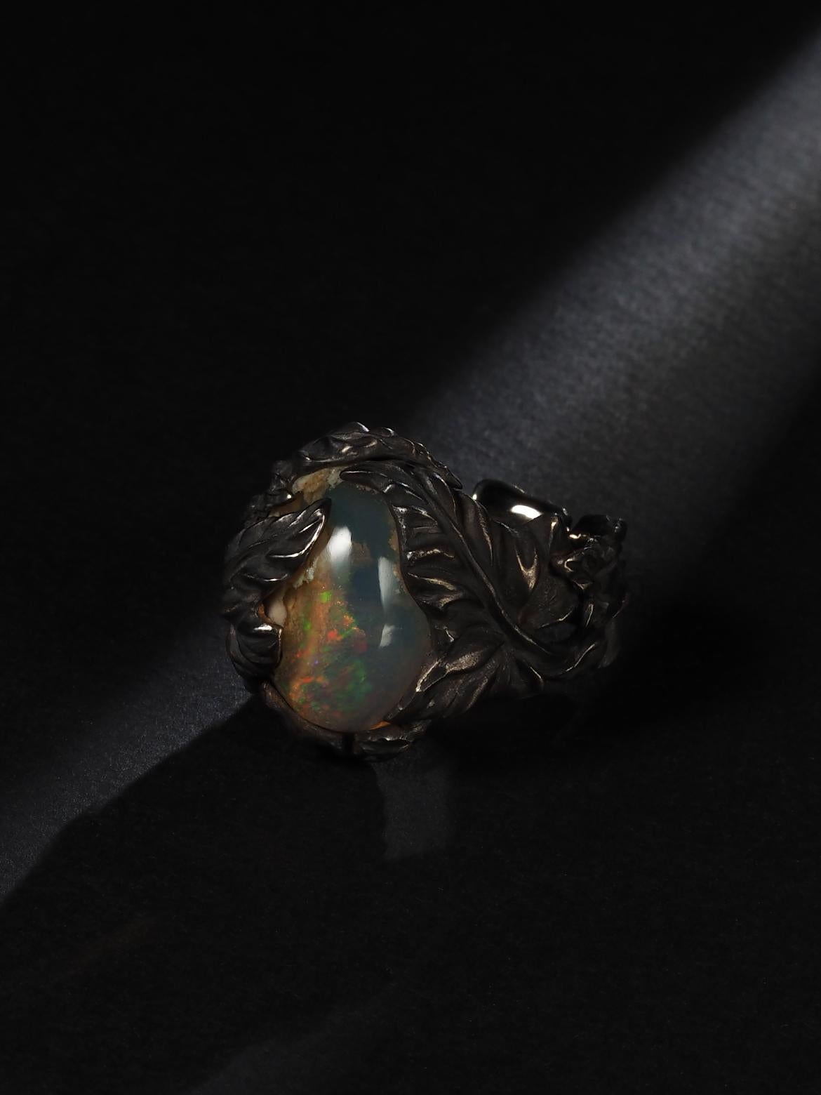 Mexican Fire Opal Ivy ring in patinated silver Statement ring For Sale 1