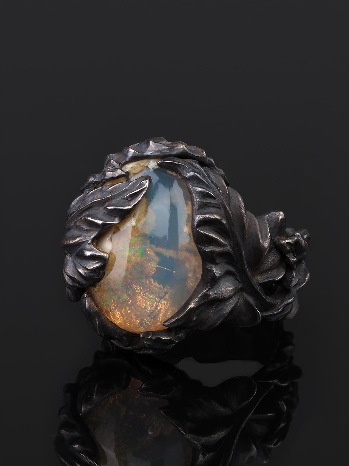 Mexican Fire Opal Ivy ring in patinated silver Statement ring For Sale 6