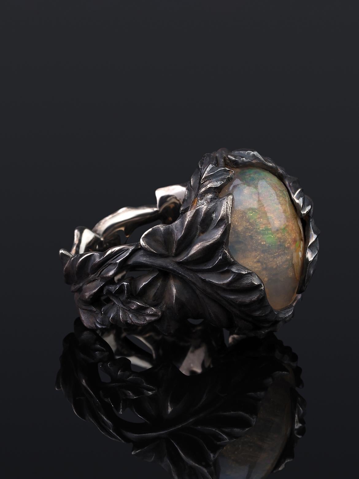 Mexican Fire Opal Ivy ring in patinated silver Statement ring For Sale 7