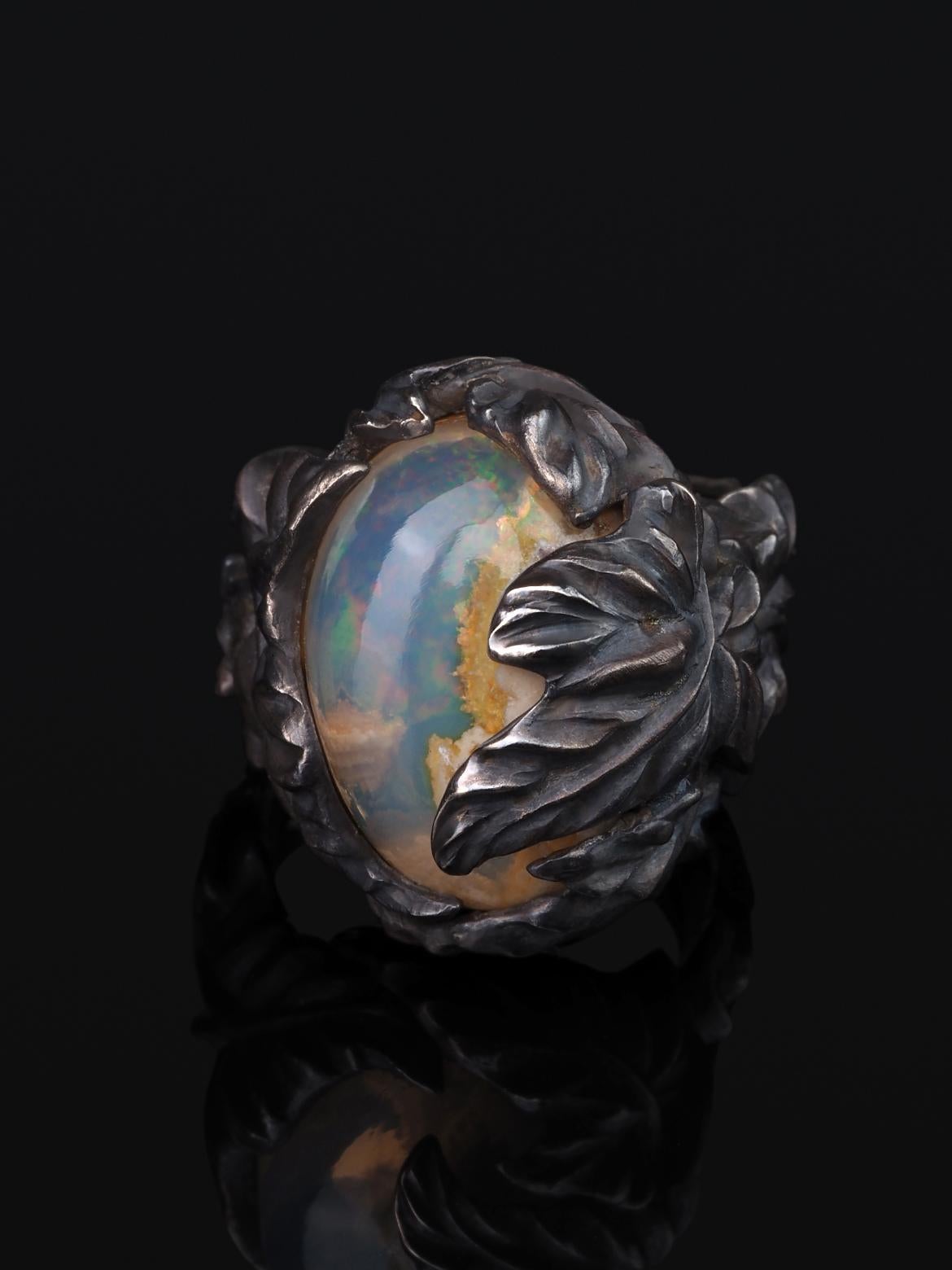Mexican Fire Opal Ivy ring in patinated silver Statement ring For Sale 8