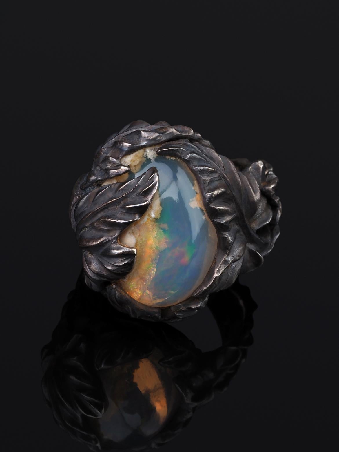 Mexican Fire Opal Ivy ring in patinated silver Statement ring For Sale 10