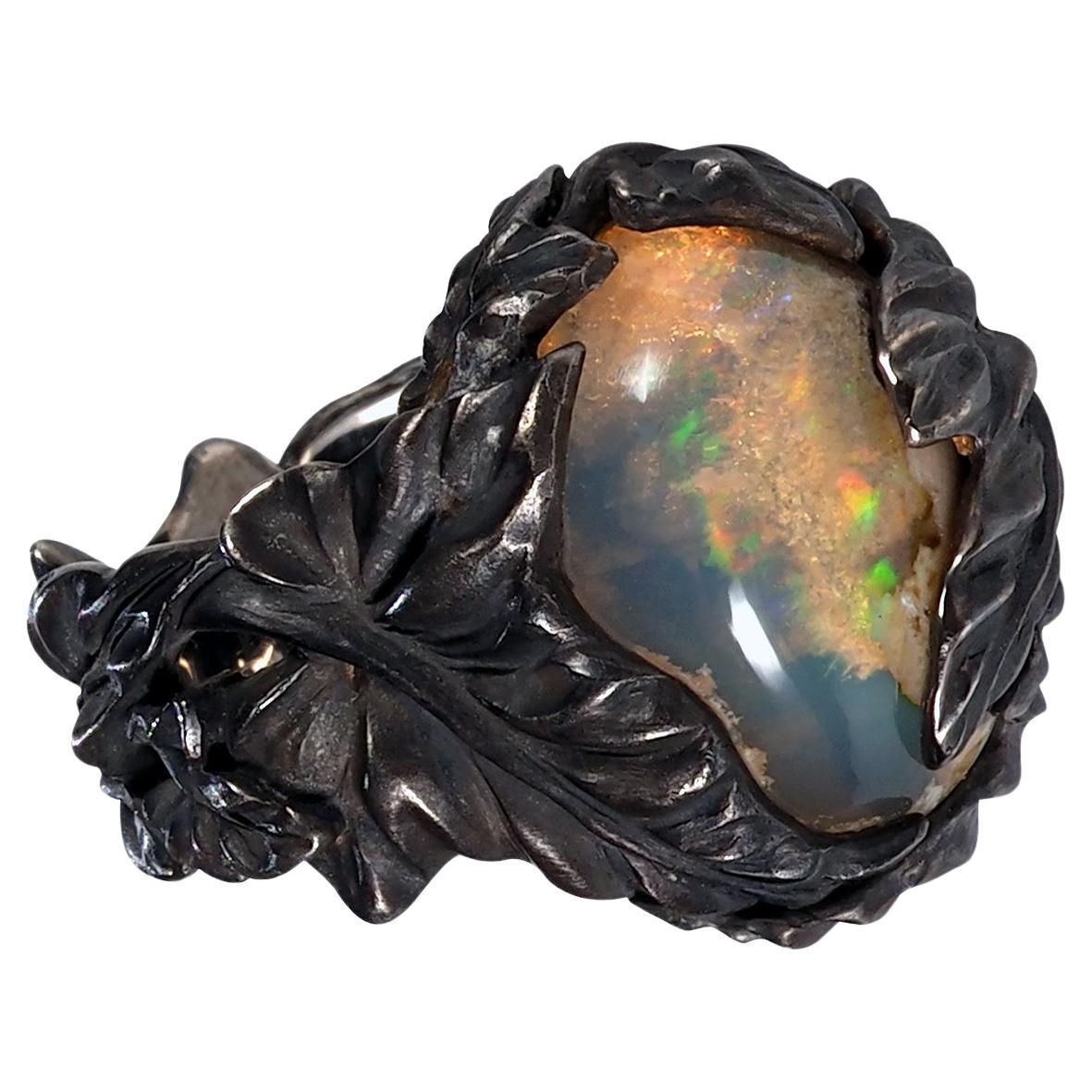 Mexican Fire Opal Ivy ring in patinated silver Statement ring For Sale