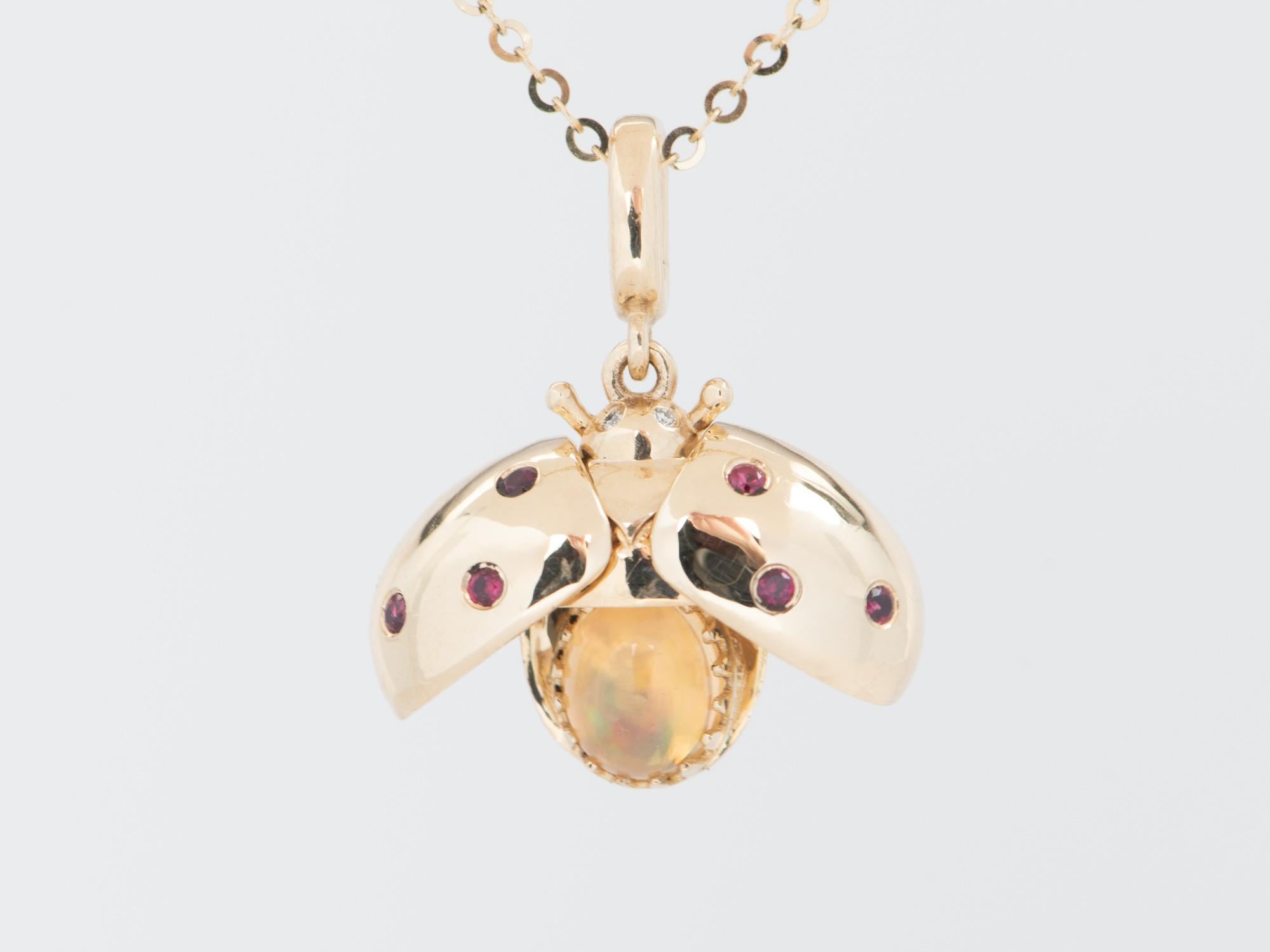 Mexican Fire Opal Ladybug Pendant Moving Wings 14K Gold Ruby Diamond R4530 In New Condition In Osprey, FL