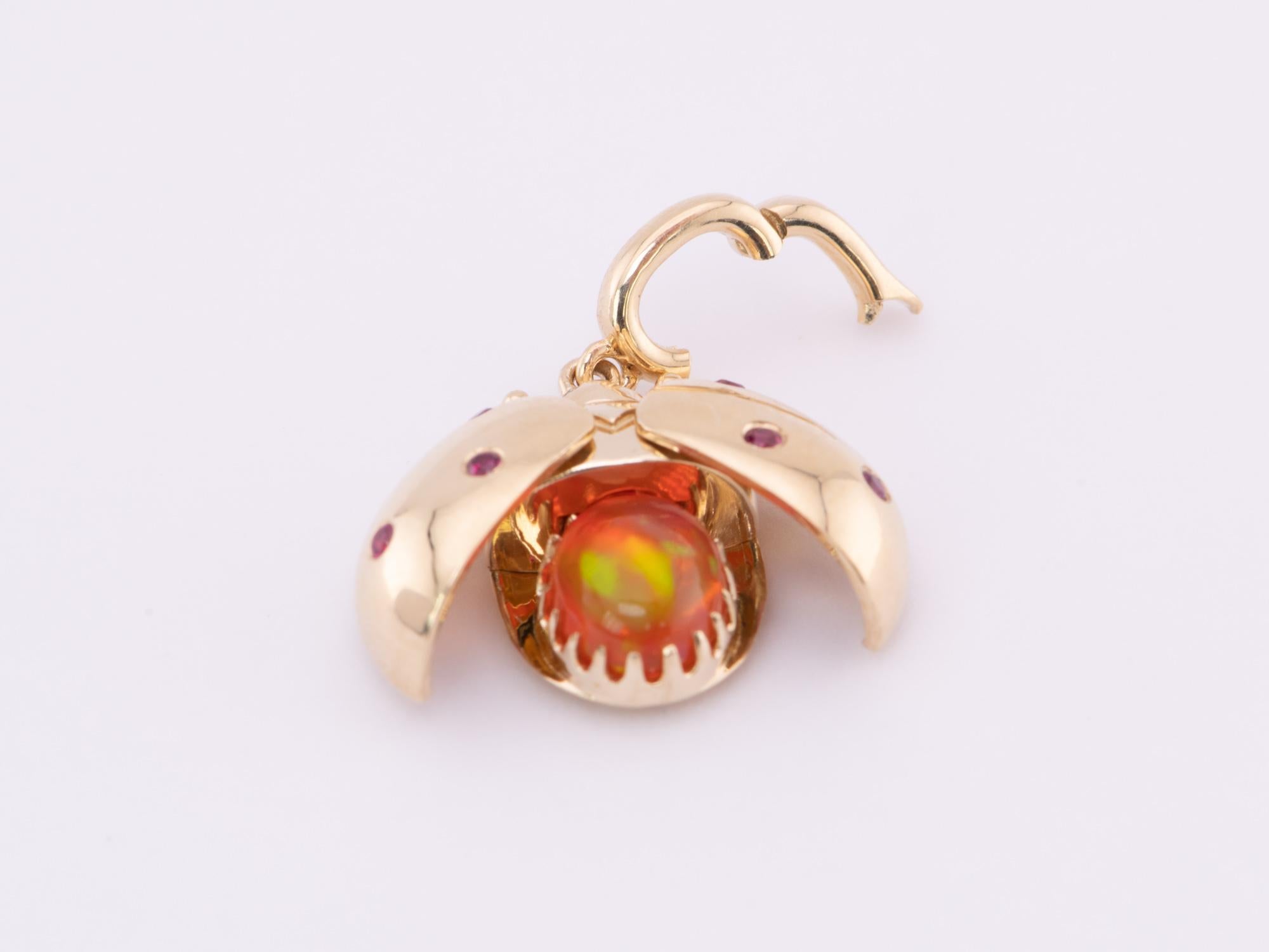 Women's or Men's Mexican Fire Opal Ladybug Pendant Moving Wings 14K Gold Ruby Diamond Spots