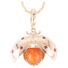 Mexican Fire Opal Ladybug Pendant Moving Wings 14K Gold Ruby Diamond Spots