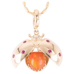 Mexican Fire Opal Ladybug Pendant Moving Wings 14K Gold Ruby Diamond Spots