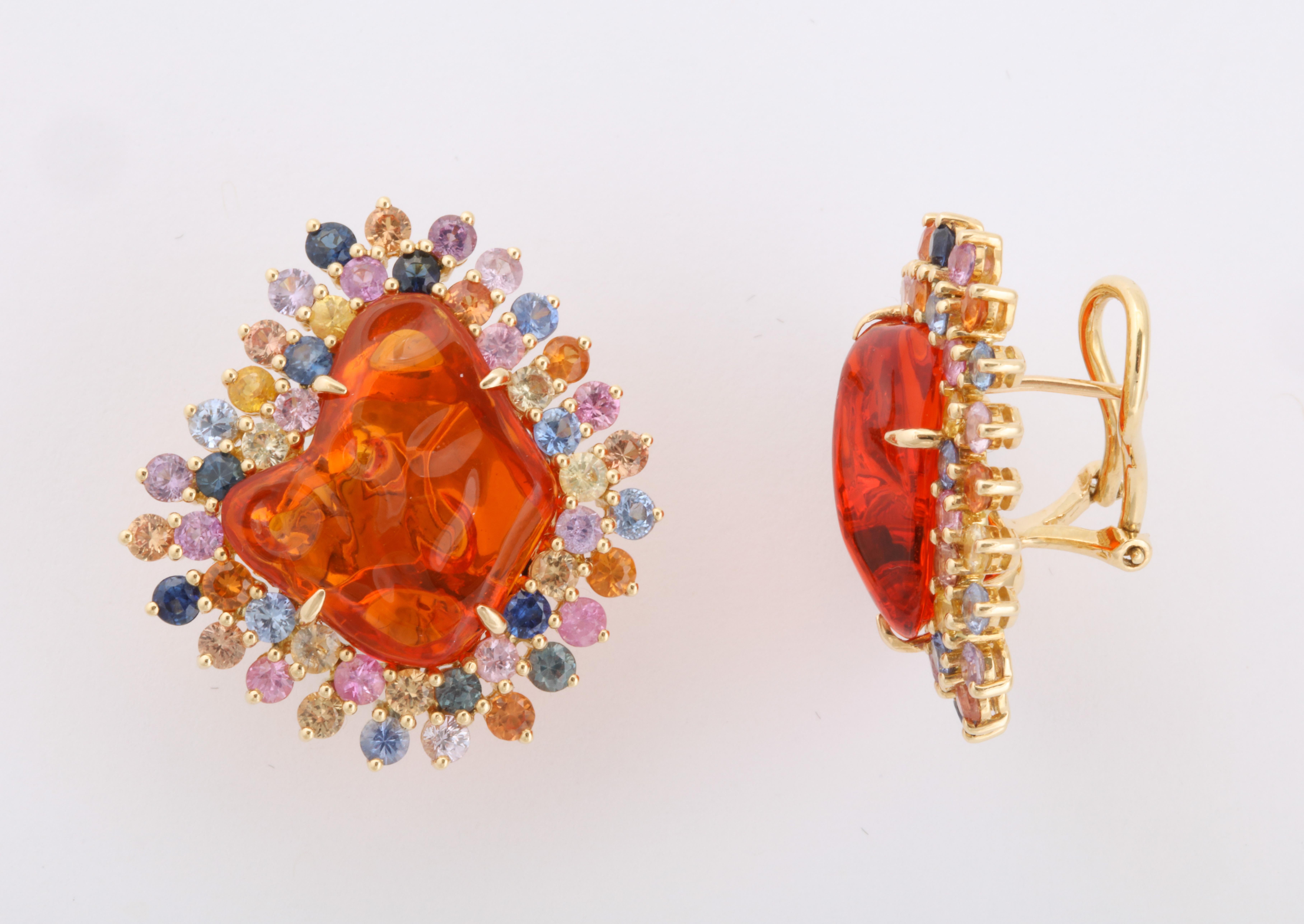 Round Cut Mexican Fire Opal Multi-Color Sapphire Gold Earclips