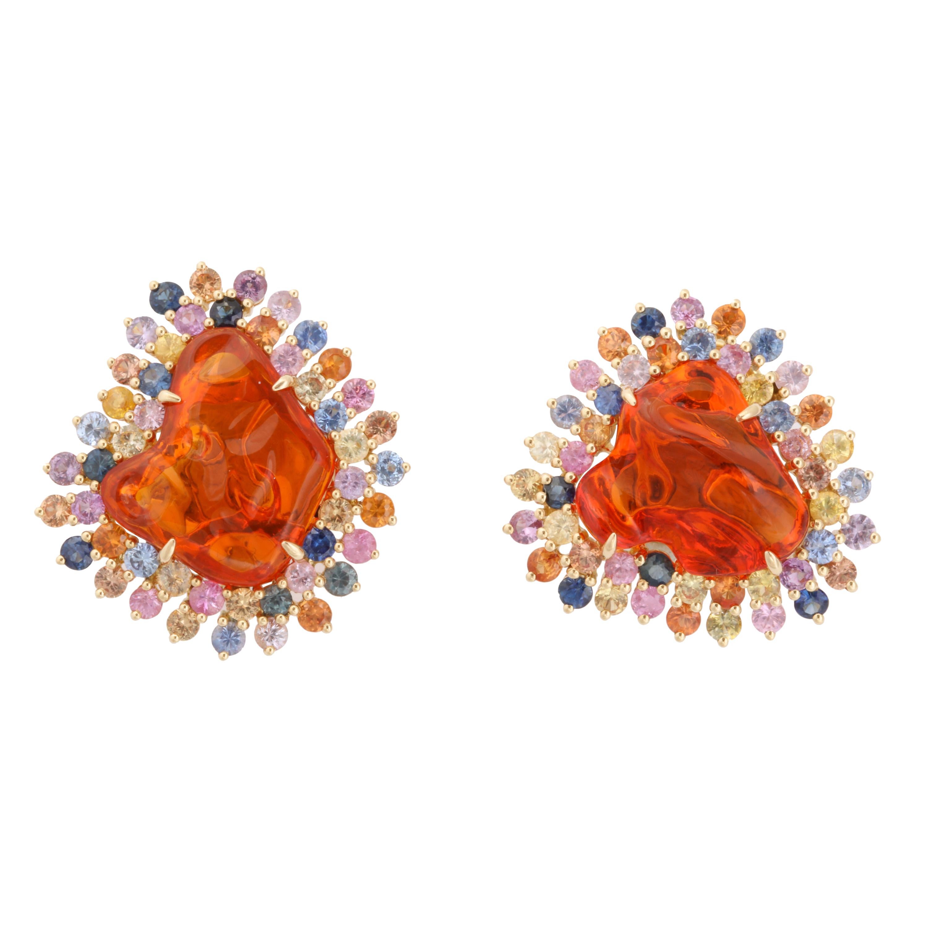 Mexican Fire Opal Multi-Color Sapphire Gold Earclips