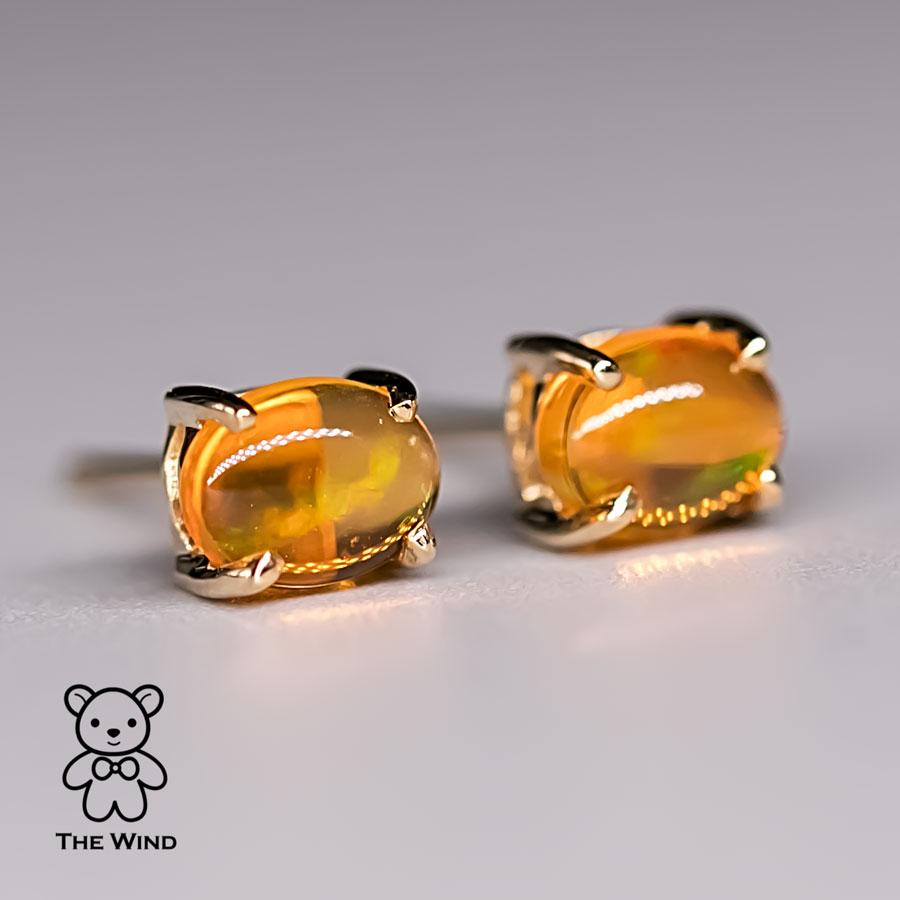 Brilliant Cut Mexican Fire Opal Stud Earrings in 14K Yellow Gold For Sale