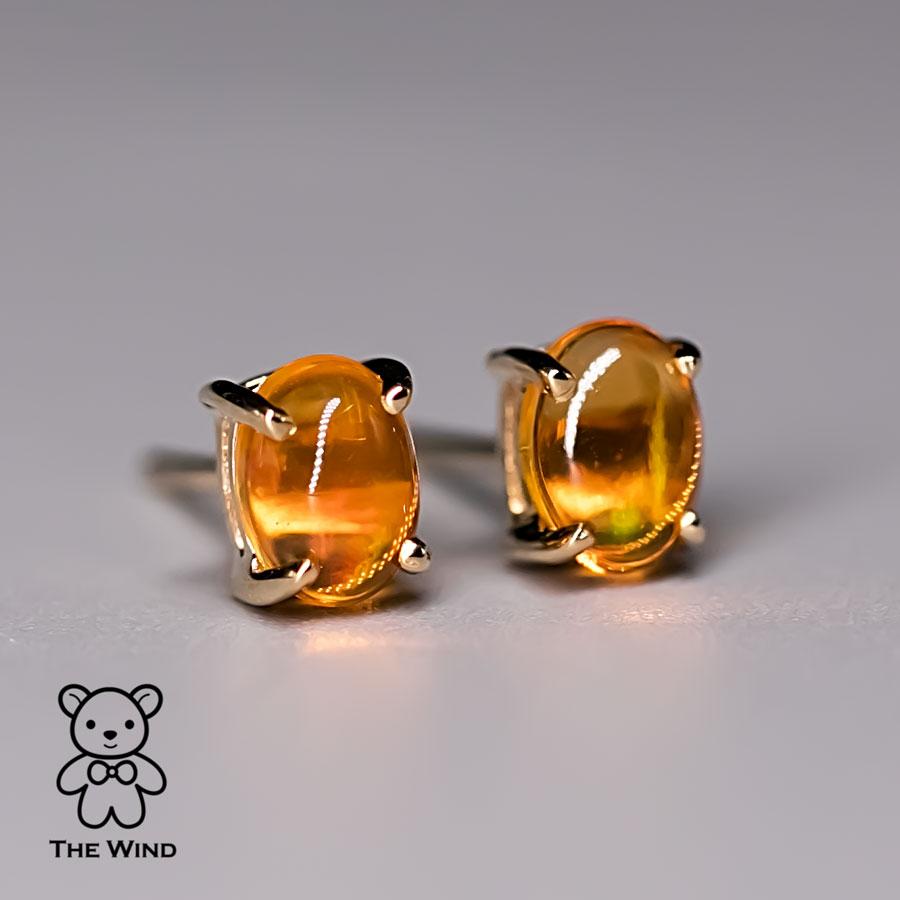 Women's or Men's Mexican Fire Opal Stud Earrings in 14K Yellow Gold For Sale