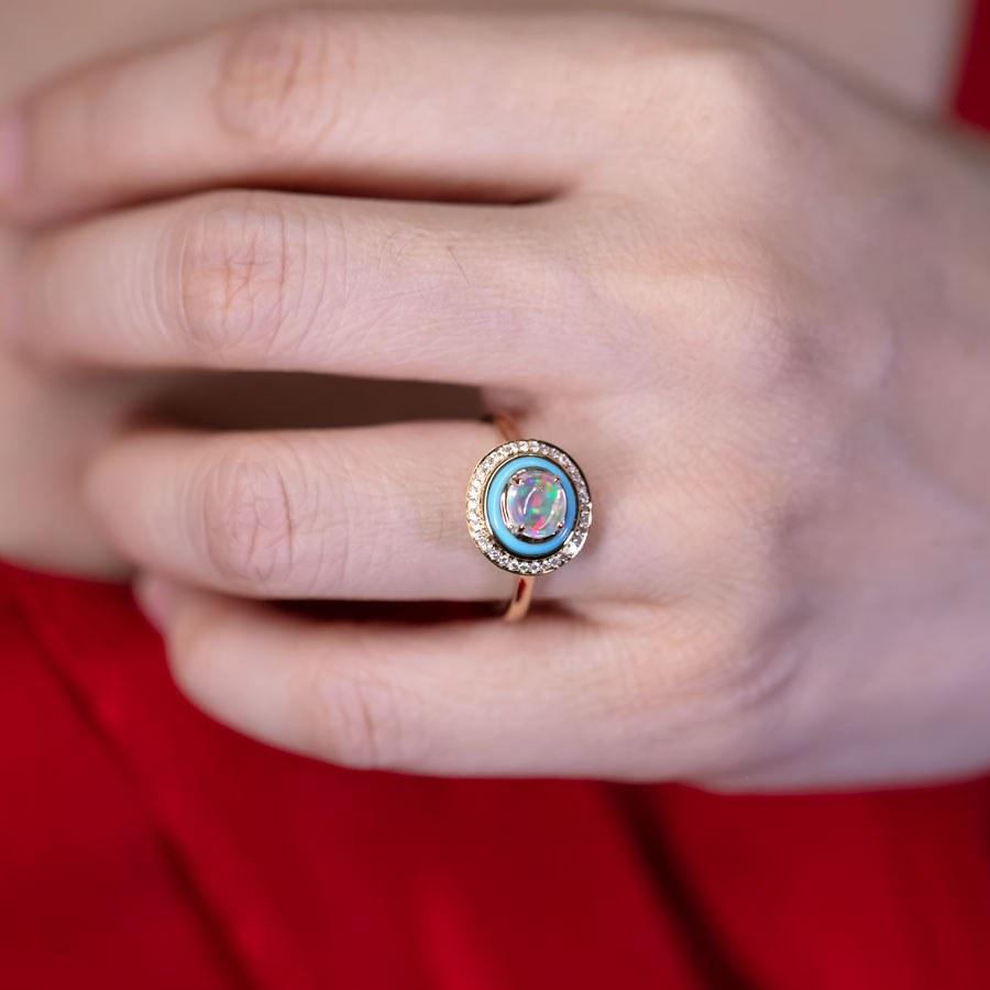 Anillo de compromiso de ópalo de fuego mexicano, turquesa y halo de diamantes en oro amarillo de 18 quilates Artes y manualidades en venta