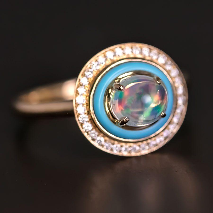 Anillo de compromiso de ópalo de fuego mexicano, turquesa y halo de diamantes en oro amarillo de 18 quilates Corte brillante en venta