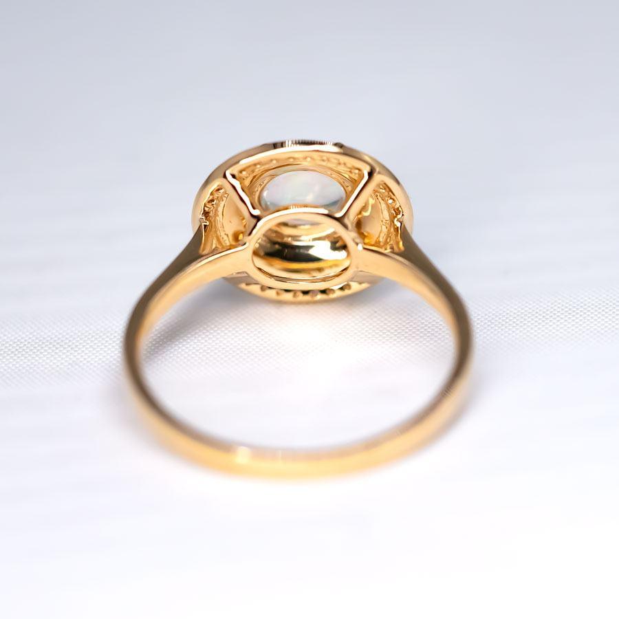 Anillo de compromiso de ópalo de fuego mexicano, turquesa y halo de diamantes en oro amarillo de 18 quilates en Nuevo estado para la venta en Suwanee, GA