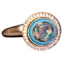 Mexikanischer Feueropal, Türkis, Halo-Diamant Verlobungsring in 18K Gelbgold