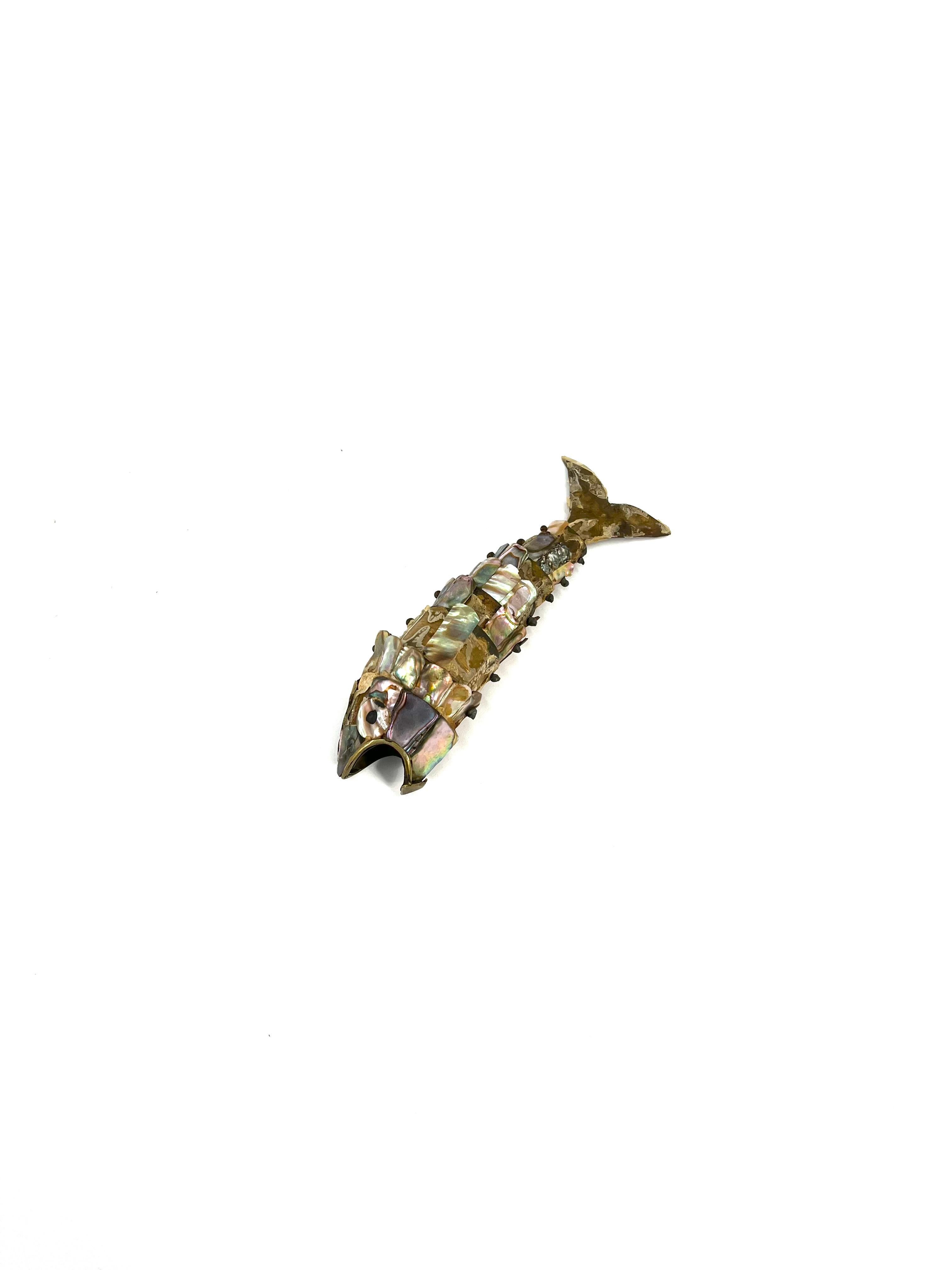 Mexican Fish Bottle Opener with Abalone Shells In Fair Condition In San Diego, CA