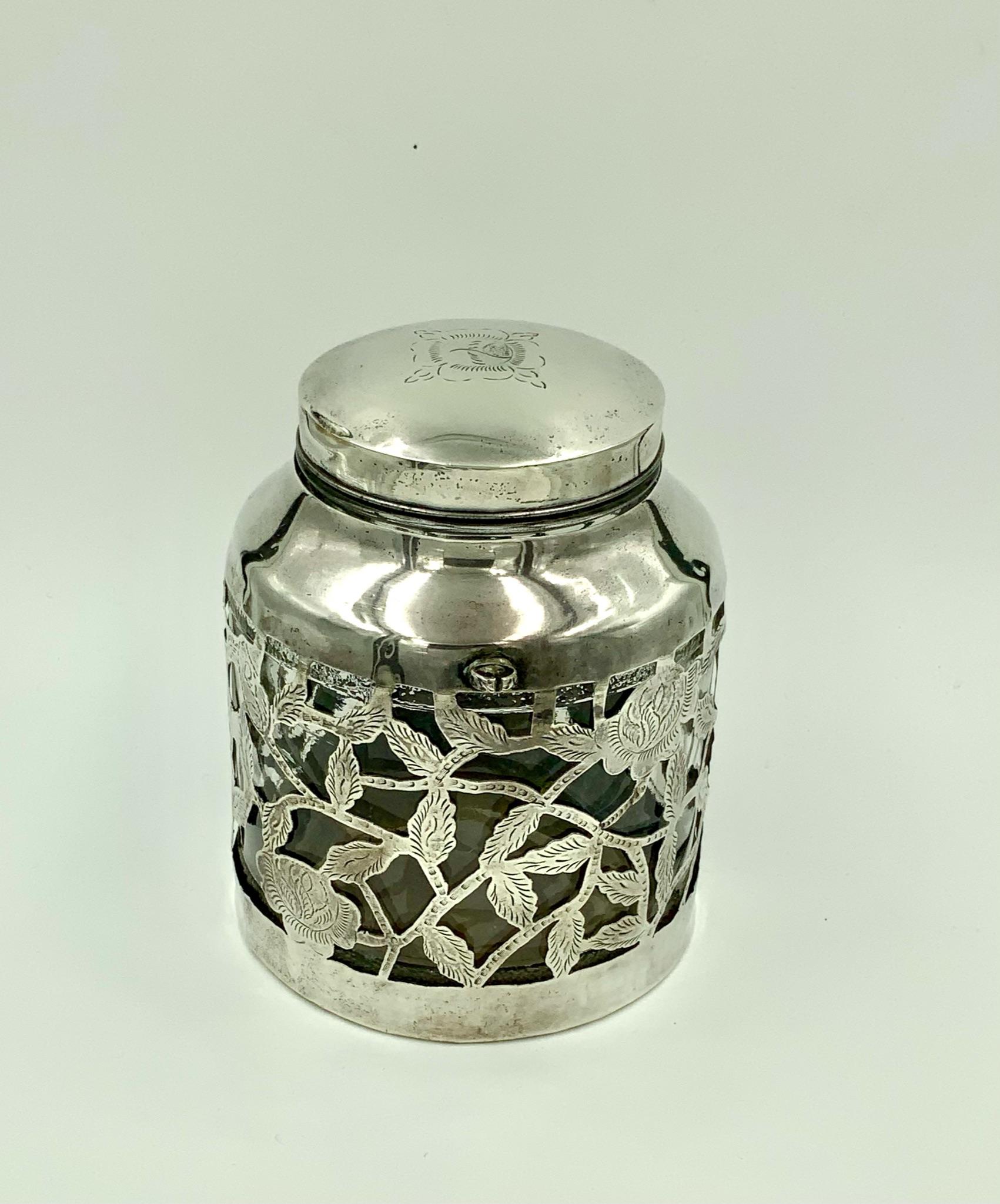 Mexican Floral Overlay Sterling Silver Stout Jar with Spoon Holder In Good Condition For Sale In Miami Beach, FL