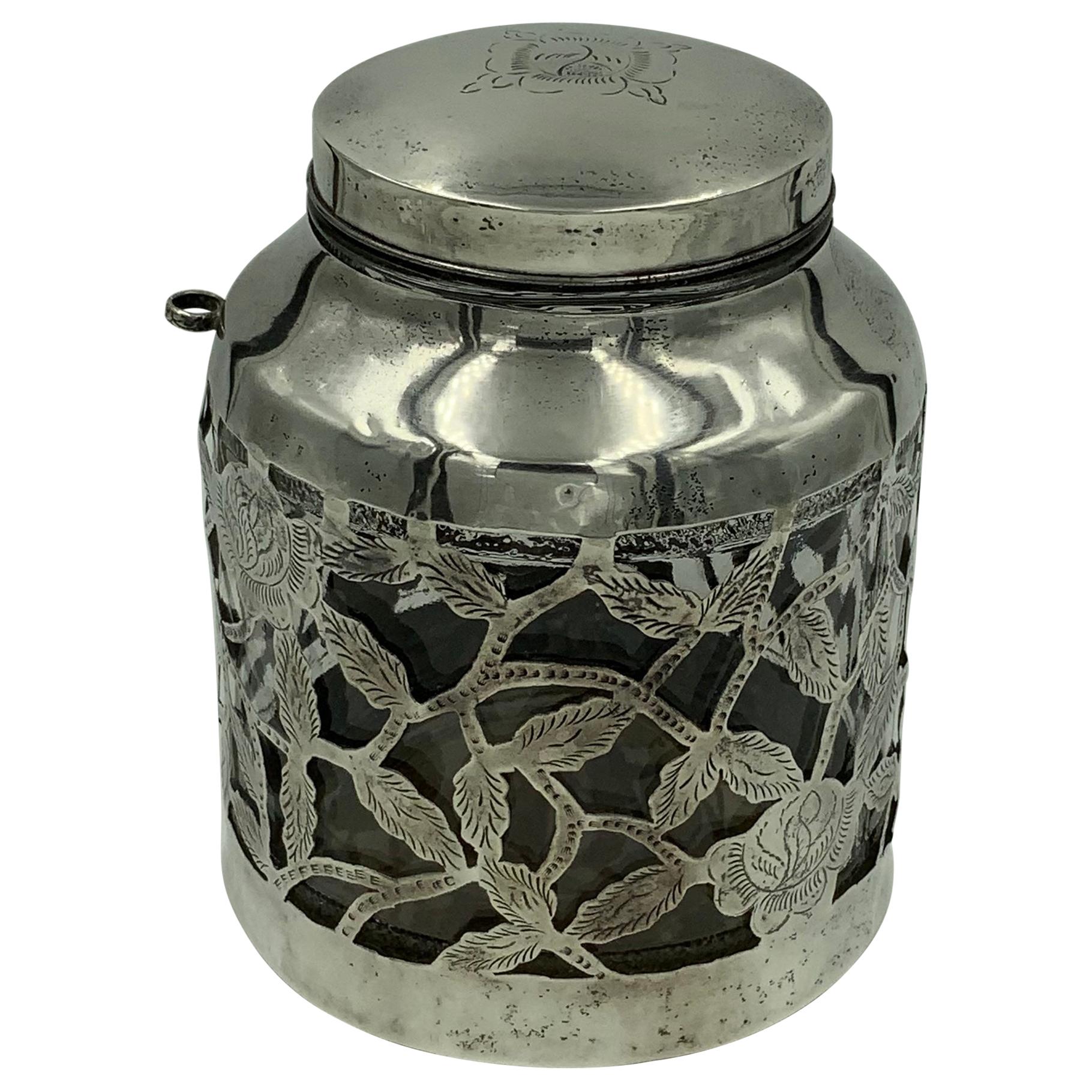 Mexican Floral Overlay Sterling Silver Stout Jar with Spoon Holder For Sale