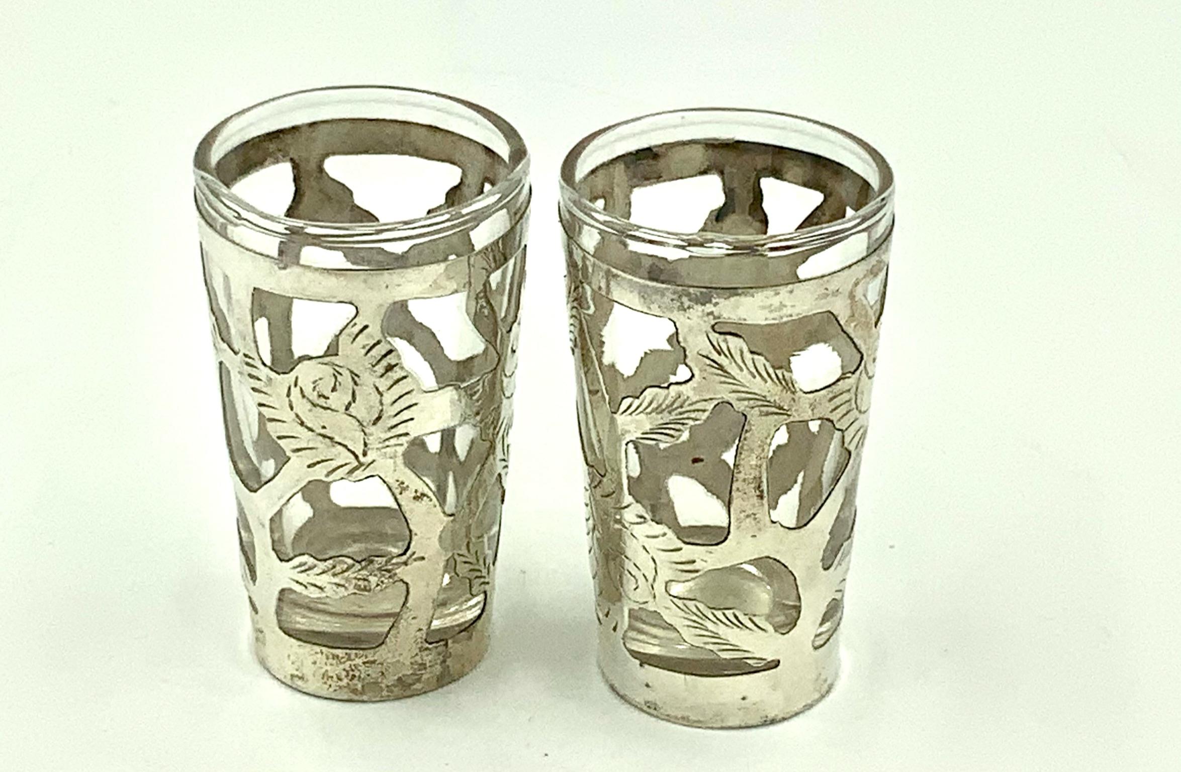 Mexican Floral Sterling Silver Overlay Tall Tumbler Lemonade Glasses Set of 6 2