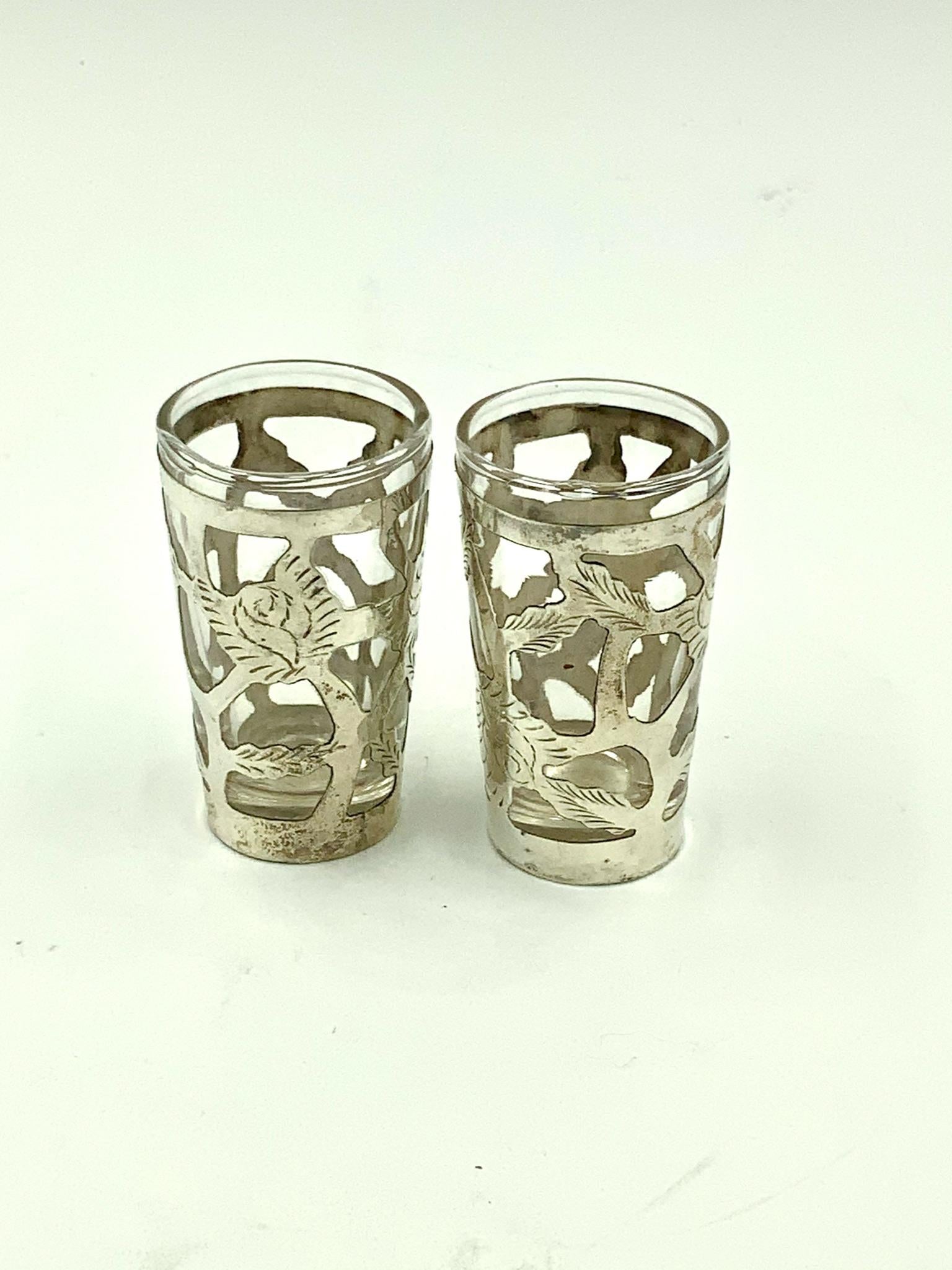 Mexican Floral Sterling Silver Overlay Tall Tumbler Lemonade Glasses Set of 6 3