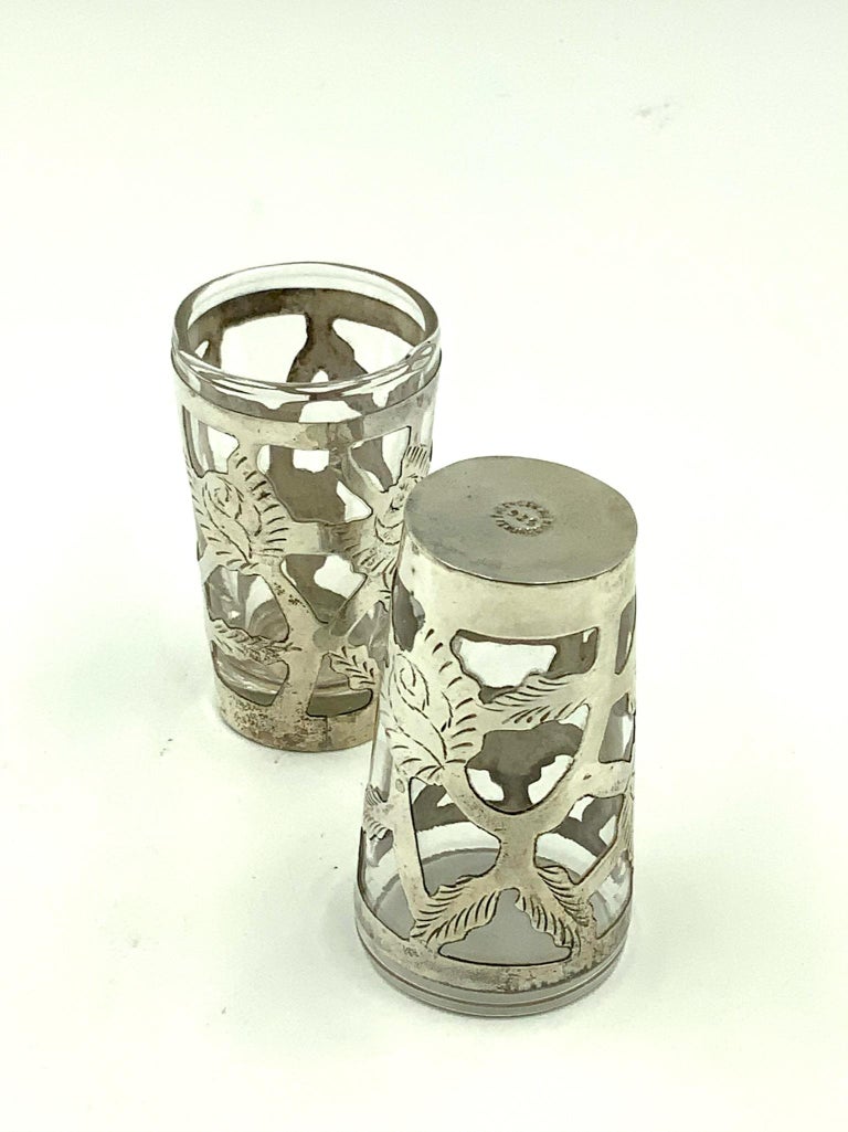 Mexican Floral Sterling Silver Overlay Tall Tumbler Lemonade Glasses Set of 6 For Sale 7