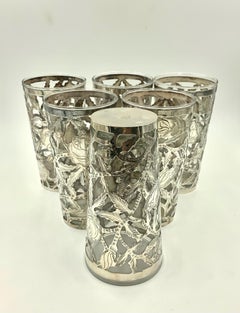 Mexican Floral Sterling Silver Overlay Tall Tumbler Lemonade Glasses Set of 6