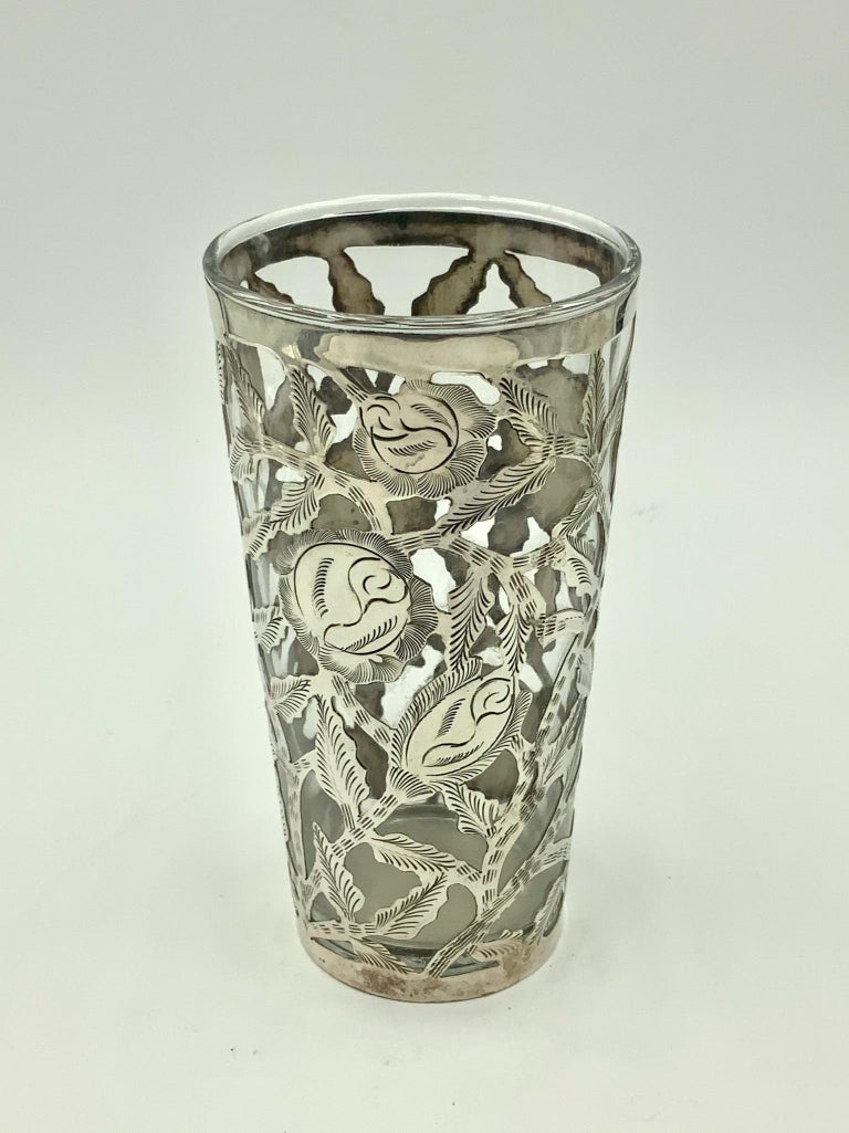 Metalwork Mexican Floral Sterling Silver Overlay Tall Tumbler Lemonade Glasses Set of 6 For Sale