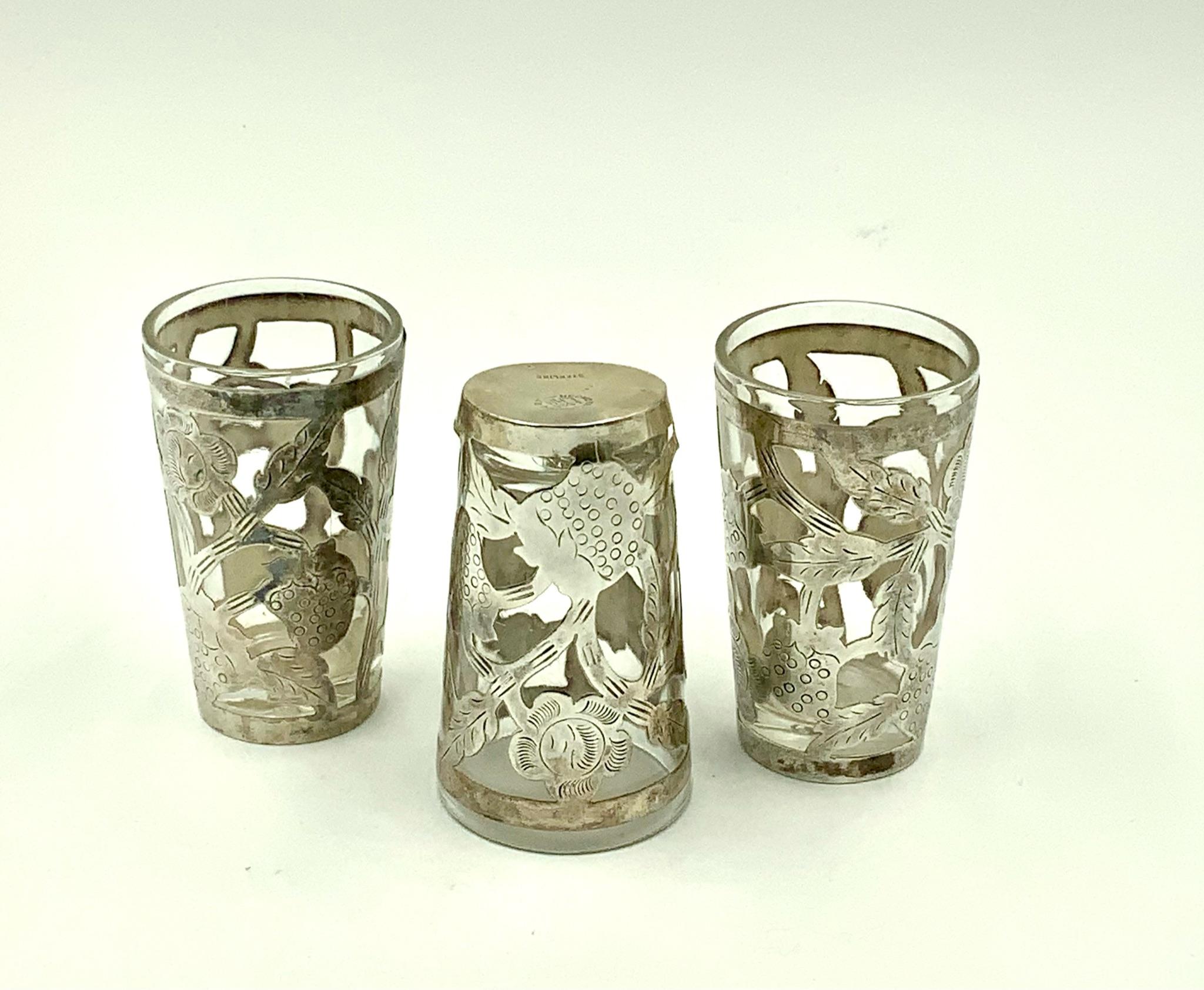 Metalwork Mexican Floral Sterling Silver Overlay Tall Tumbler Lemonade Glasses Set of 6