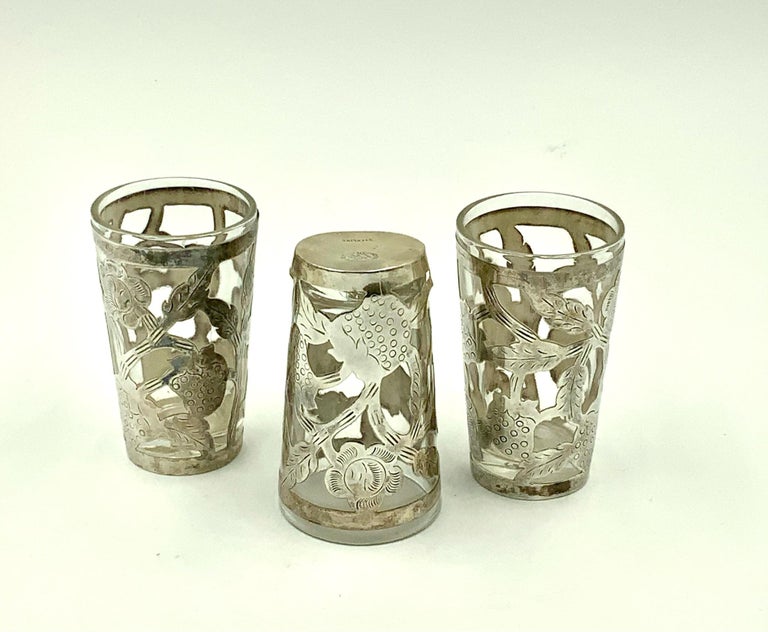 Mexican Floral Sterling Silver Overlay Tall Tumbler Lemonade Glasses Set of 6 For Sale 1