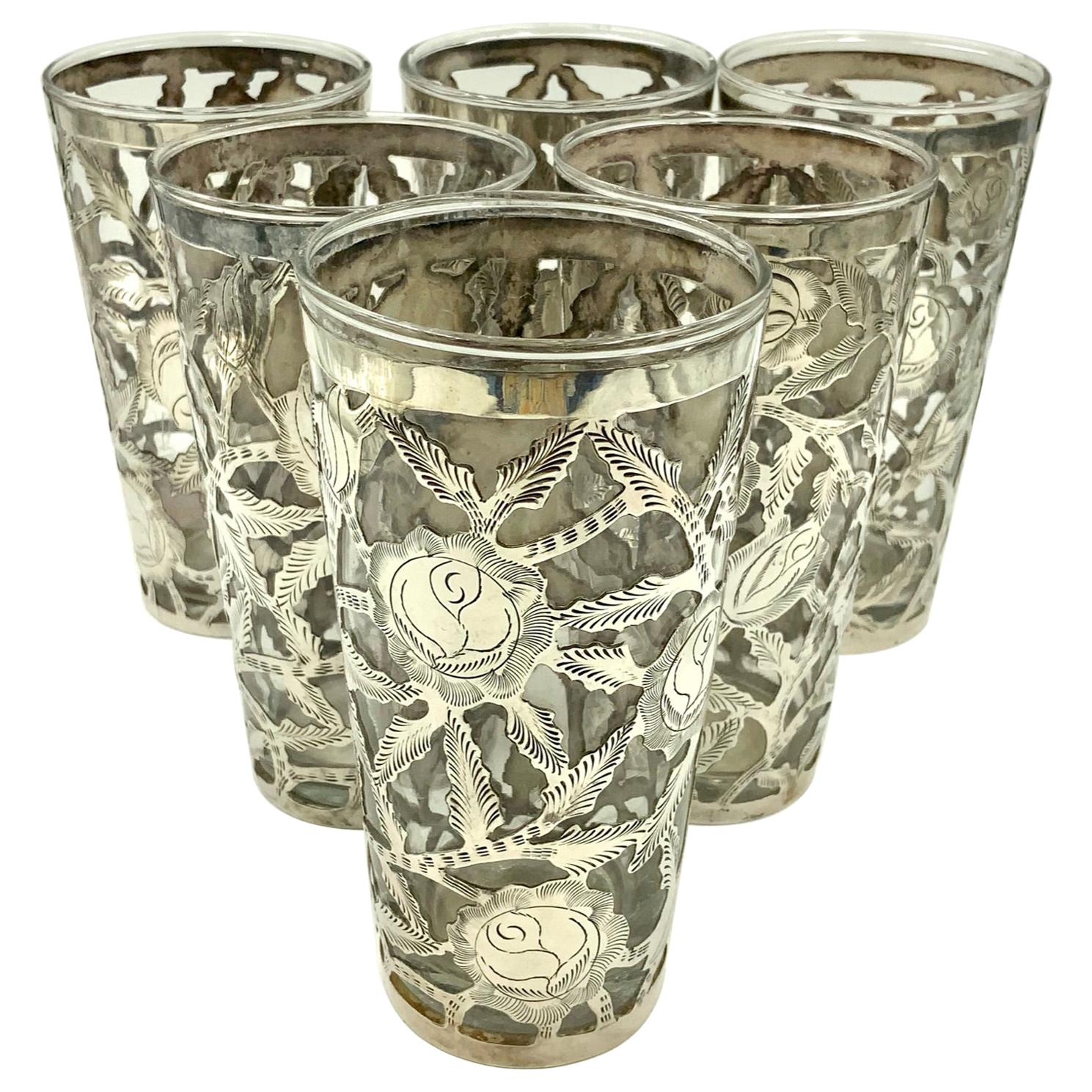 Mexican Floral Sterling Silver Overlay Tall Tumbler Lemonade Glasses Set of 6