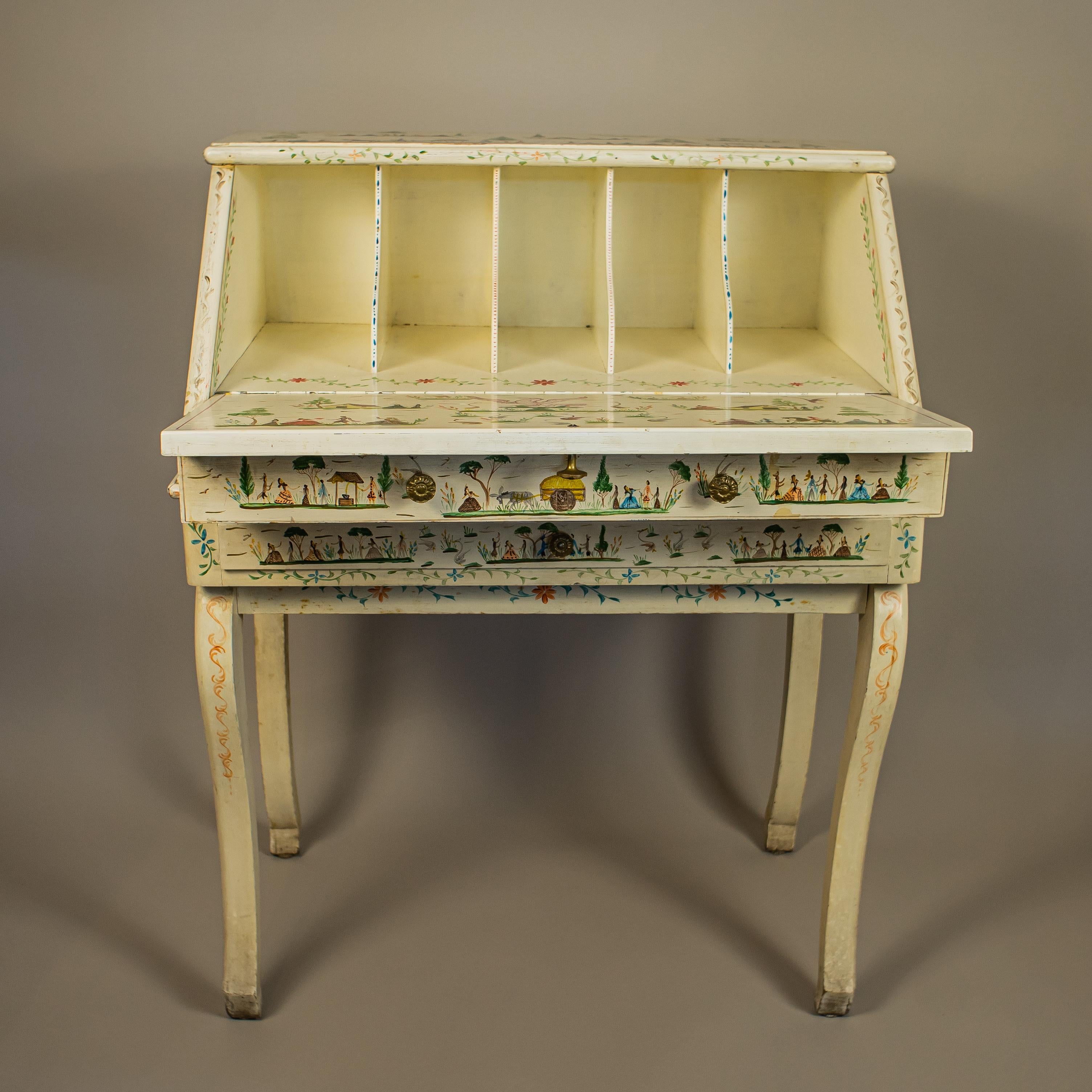 A 1940's Mexican set of secretaire with chair and tray by Mexican folk art artist Benito Fosado. The Louis XV style furniture is lacquered in white and decorated with animals, flowers, vegetal elements gallant scenes of French inspiration. The