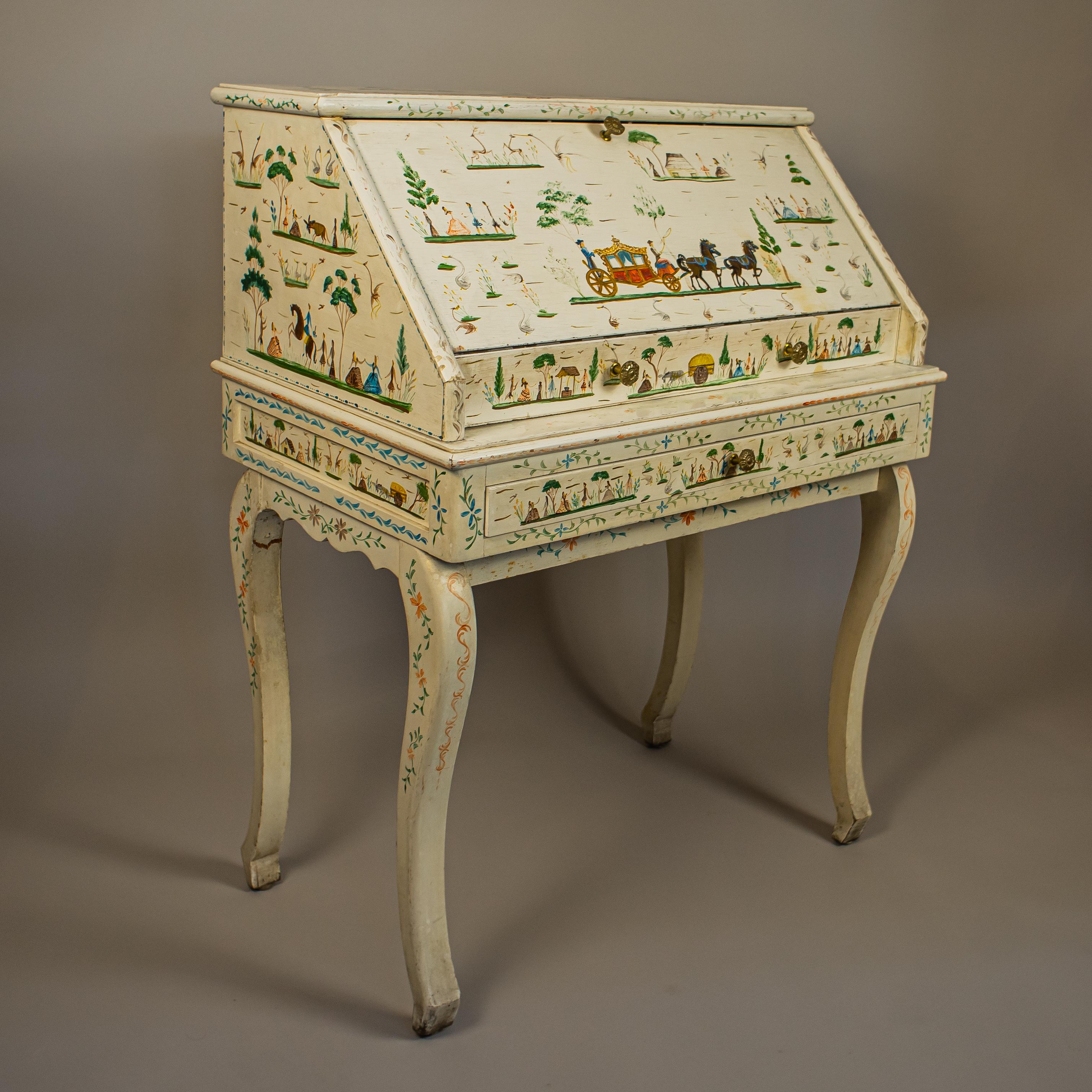 Mid-Century Modern Mexican Folk Art Benito Fosado Hand-Painted Secretaire with Chair and Tray