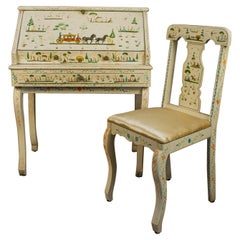 Mexican Folk Art Benito Fosado Hand-Painted Secretaire with Chair and Tray