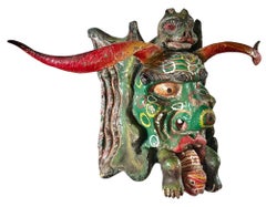 Mexican Folk Art Horned Mask Wall Decor Circa 1900s
