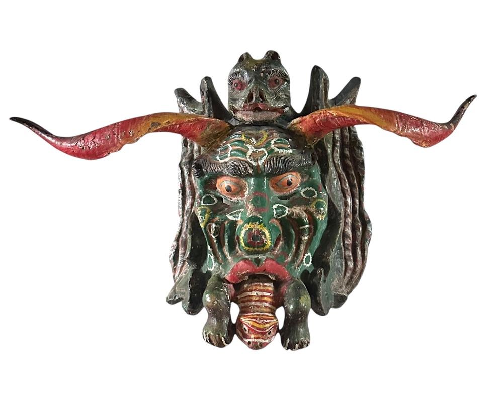 Mexican Folk Art Horned Mask Wall Decor Circa 1900s For Sale
