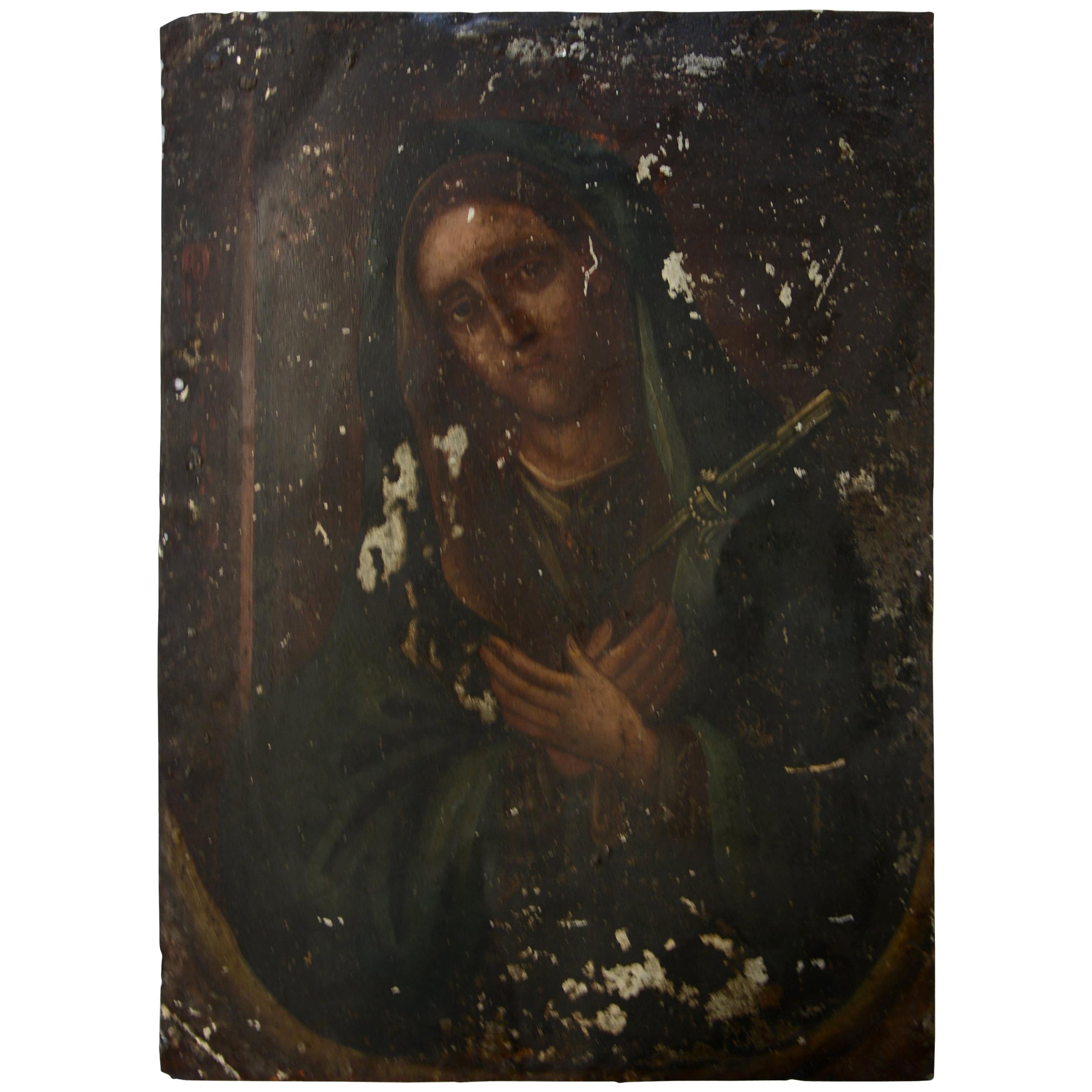 Mexican Folk Art of Retablo on Metal of Sorrowful Mother Mary, 19th Century For Sale