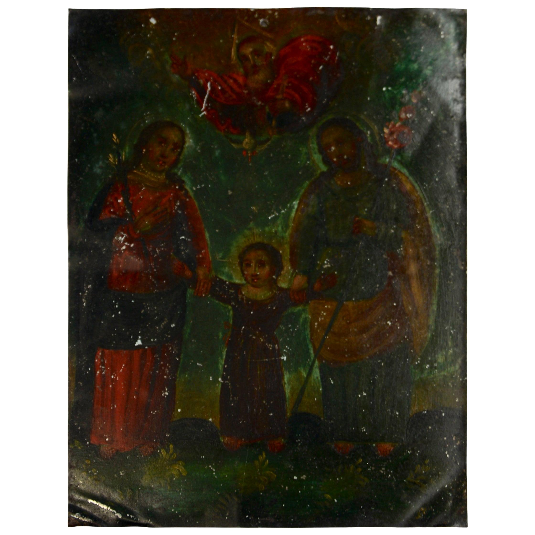 Mexican Folk Art Retablo on Metal of the Holy Family, 19th Century For Sale